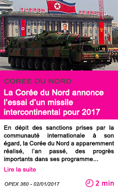 Societe la coree du nord annonce l essai d un missile intercontinental pour 2017